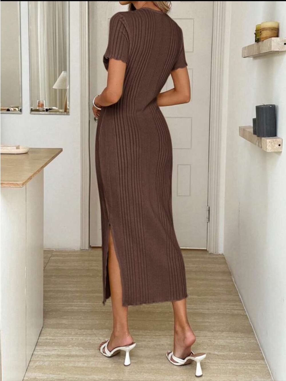 Coffee Brown Ribbed Midi Dress - Women - Picture 6 of 10